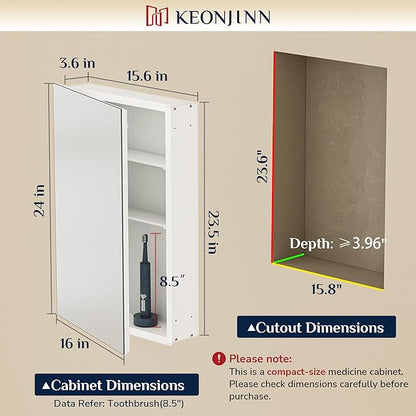Keonjinn 16 x 24 Inch White Medicine Cabinet Mirror, Assembly Required, Modern Medicine Cabinets for Bathroom, Lightweight, Adjustable Shelves, HD Tempered Glass, Recessed or Surface Mount