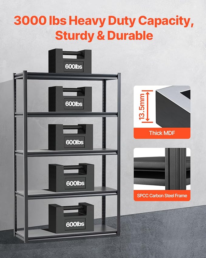 VEVOR Storage Shelves, 3000 lbs, 5 Tier Garage Storage Shelving, 18" D x 48" W x 78" H Adjustable Metal Shelves for Garage Shelves Utility Rack Shelf, Ideal for Kitchen, Warehouse, Basement, Black