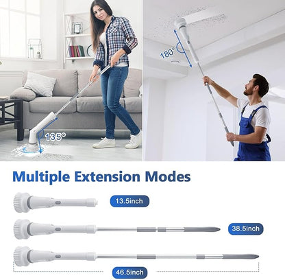 Qimedo Upgrade Rechargeable Electric Scrubber for Cleaning, 45-inch Handheld Spin Scrubber with Extended Long Handle, Cordless Power Dish Scrubber with 6 Brushes for Bathtub Grout Tile Floor
