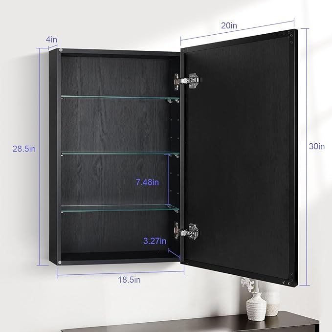 Black Bathroom Medicine Cabinet with Mirror, 17x30 Inch Rectangle Wall-Mounted Bathroom Mirror with Storage & Adjustable Tempered Glass Shelves for Bathroom Vanity, Over Sink