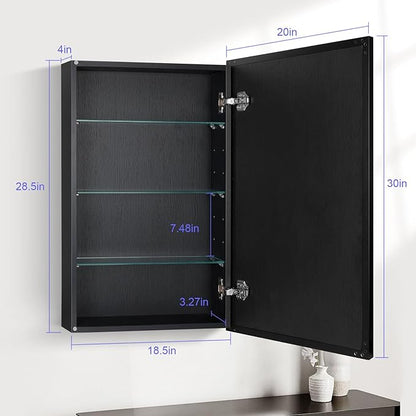 Black Bathroom Medicine Cabinet with Mirror, 17x30 Inch Rectangle Wall-Mounted Bathroom Mirror with Storage & Adjustable Tempered Glass Shelves for Bathroom Vanity, Over Sink