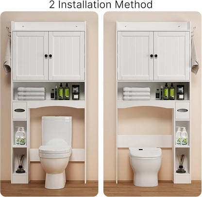 Ahomly Over The Toilet Storage Cabinet, 32.3" W Over Toilet Bathroom Organizer with Doors, Adjustable Shelves, Toilet Paper Holder, 2 Side Hooks, Space-Saver for Bathroom, Laundry, White