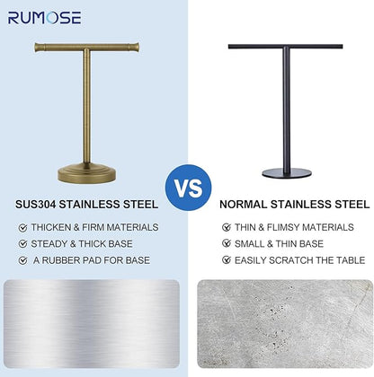 RUMOSE 13 Inch Antique Brass Towel Bar Stand Hand Holder Bathroom Kitchen Vanity Countertop T-Shape Towel Rack Free Standing Stainless Steel