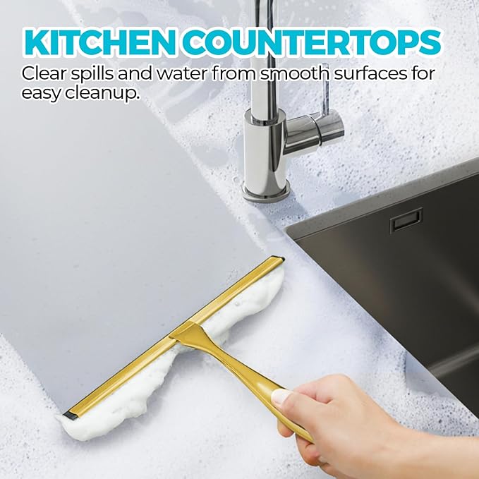 10-Inch Golden All-Purpose Shower Squeegee for Shower Doors, Tile Shower Walls, Bathroom, Window, Glass and Car Windshield, Mirrors and Kitchen-Stainless Steel