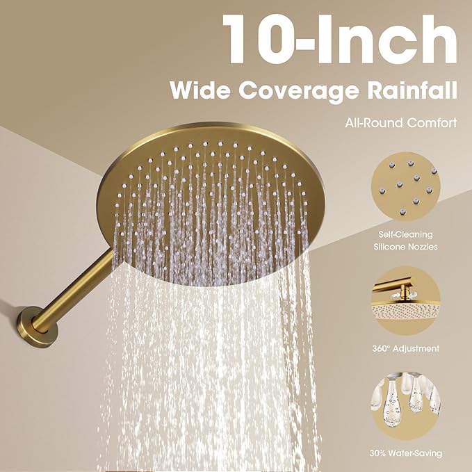 TRUSTMI Push Button Shower System, Brushed Brass Gold 10 Inch Rainfall Shower Set, Pressure Balanced Rough-In Valve and Trim Kit, Wall Mount