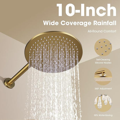 TRUSTMI Push Button Shower System, Brushed Brass Gold 10 Inch Rainfall Shower Set, Pressure Balanced Rough-In Valve and Trim Kit, Wall Mount