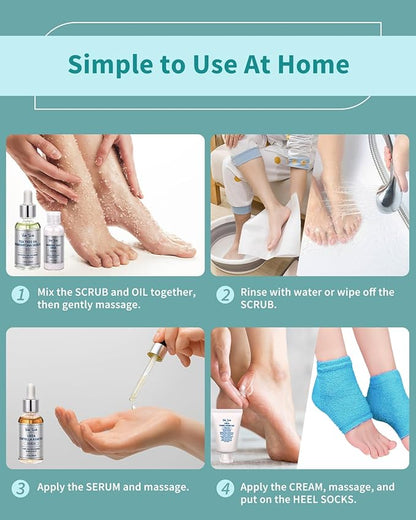 VTS Foot and Hand Care Kit - Includes Tea Tree Oil, Salt Scrub, Serum, Urea Cream 40 Percent, Moisturizing Heel Socks - Home Pedicure Spa Kit for Dry Cracked Heels Feet Knees Elbows Hands
