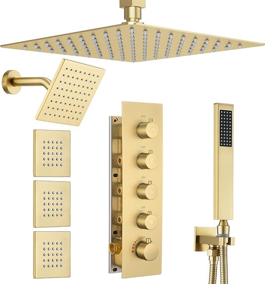 Thermostatic Dual Shower System with 4-Inch Body Jets, Ceiling 16" Rainfall Shower & Wall Mount 6-Inch Shower Head, Brushed Gold Luxury Shower Faucet Set with Handheld Sprayer