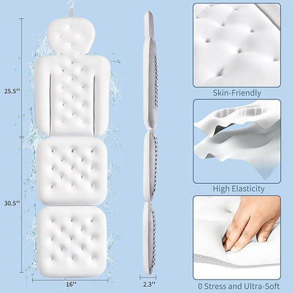 Luxury Bath Cushion, Full Body Bathtub Pillow with 160 Suction Cups, Bath Mat for Head and Neck Support, with Laundry Bag (White, 56.2" x 16.2")