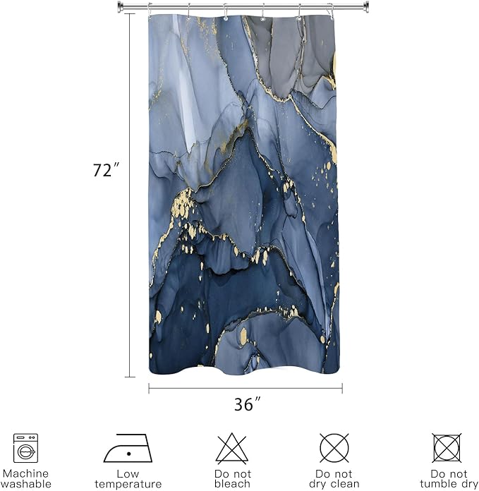 Small Stall Marble Shower Curtain 36 x 72 Inch, Half Narrow Abstract Modern Shower Curtains for Bathroom, Luxury Art Ink Texture Fabric Shower Curtain Set with Hooks, Navy Blue