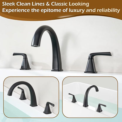 Black Bathtub Faucet Brass Roman Tub Faucet, Gooseneck Tub Filler, Garden Tub Faucet Deck Mount 3 Hole High Flow 2 Handle Bathtub Faucet Set, with Valve & Hose,12-20in Widespread