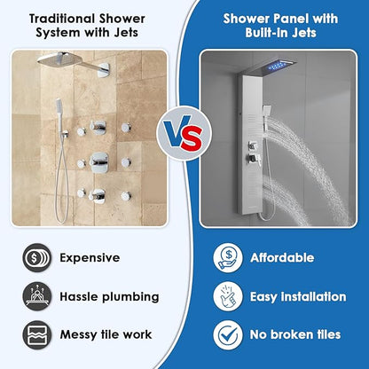 ROVOGO LED Shower Panel Tower System, 5-Function Shower Column with Rainfall Waterfall Shower Head, 4 Body Jets, Handheld and Tub Spout, Stainless Steel Brushed