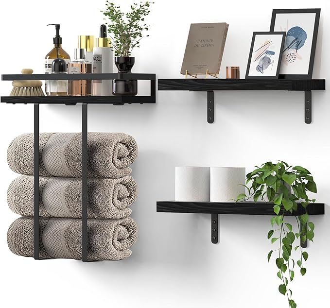 Towel Racks for Bathroom-Wall Mounted Floating Shelves for Wall Bathroom Bedroom Kitchen Living Room, Hanging Book Shelves Decor Bathroom Organizer, 16 inch Solid Wood, (Black, Set of 3, 16in)
