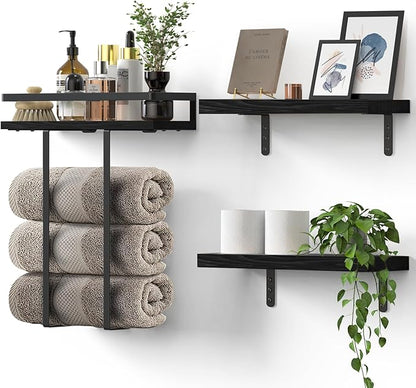 Towel Racks for Bathroom-Wall Mounted Floating Shelves for Wall Bathroom Bedroom Kitchen Living Room, Hanging Book Shelves Decor Bathroom Organizer, 16 inch Solid Wood, (Black, Set of 3, 16in)