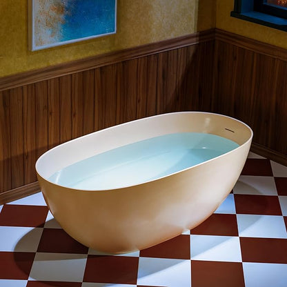 WOODBRIDGE 61-1/4" L x 30-3/4" W Stone Resin Luxury Contemporary Solid Surface Freestanding Soaking Bathtub in Cream with Two Drain Covers Included