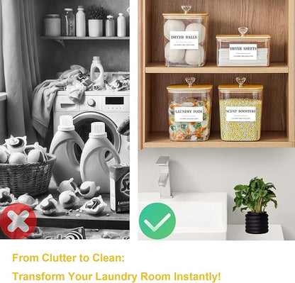 3 Pack Large Laundry Powder Container and Dryer Sheet Holder with Airtight Lid, Clear Plastic Laundry Pods Container for Laundry Room with Scoops, 12 Lables