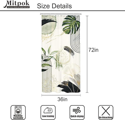 Grey Green Boho Small Shower Curtain 36Wx72H Stall RV Narrow Tropical Palm Leaves Abstract Modern Gold Leaf Mid Century Plant Bathroom Decor Botanical Bath Curtain Fabric Polyester 7 Pack Hooks