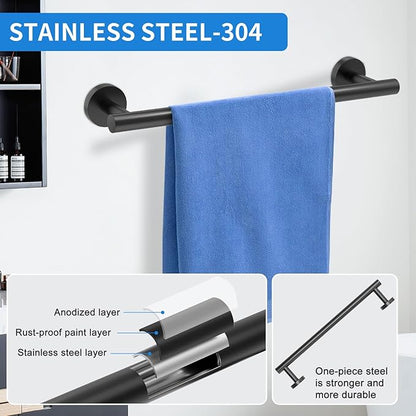 Matte Black Bathroom Accessories, Towel Bar Set 5 Pieces, SUS304 Stainless Steel Bathroom Hardware Set, 16 Inch Towel Bar for Bathroom Wall, Toilet PaperHolder and Towel Holder Set