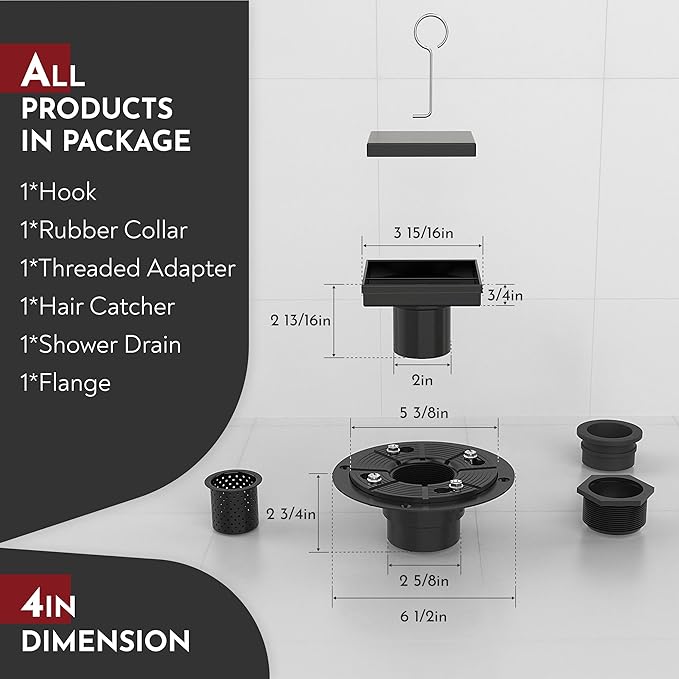 WEBANG 4 Inch Square Shower Drain Black Floor Drain with Flange Reversible 2-in-1 Cover Tile Insert Grate Removable SUS304 Stainless Steel CUPC Certified Matte Black