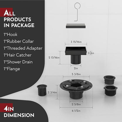 WEBANG 4 Inch Square Shower Drain Black Floor Drain with Flange Reversible 2-in-1 Cover Tile Insert Grate Removable SUS304 Stainless Steel CUPC Certified Matte Black