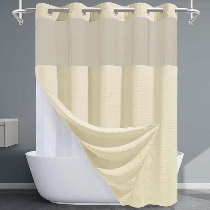 Ivory Long Hotel Shower Curtain with Detachable Liner - 230GSM Waffle Textured,Hotel Grade,Spa Like Bath Curtain,71W x 86H