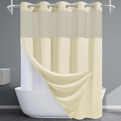 Ivory Long Hotel Shower Curtain with Detachable Liner - 230GSM Waffle Textured,Hotel Grade,Spa Like Bath Curtain,71W x 86H
