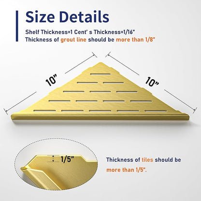 Corner Shower Shelf, 304 Stainless Steel Bathroom Shelf for Tiled Wall, Grout in Shelves (Gold, 10"-2 Pack)