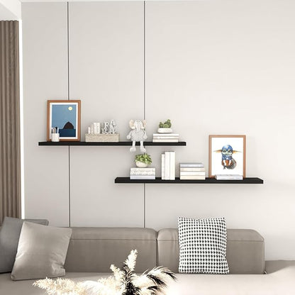 SAUMONIERES 48 Inch Floating Wall Shelves for Bedroom Bathroom Wall Mounted Solid Wood Shelf Storage Decor Set of 2, Black Floating Shelves