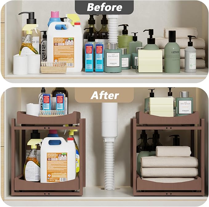 Bamboo Under Sink Organizer Adjustable Height 2 Tier Bathroom Organizer Pull Out Cabinet Storage Kitchen Heave Duty Wood Slide Ou Shelf for Kitchen Bathroom (Brown, 2 Packs)