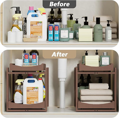 Bamboo Under Sink Organizer Adjustable Height 2 Tier Bathroom Organizer Pull Out Cabinet Storage Kitchen Heave Duty Wood Slide Ou Shelf for Kitchen Bathroom (Brown, 2 Packs)