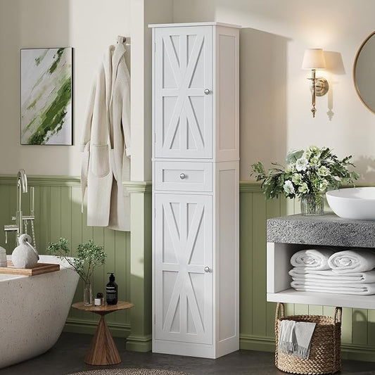 67" H Tall Bathroom Cabinet, Narrow Storage Cabinet with 2 Barn Doors and 1 Drawer, Freestanding Floor Cabinets with 6 Shelves for Bathroom, Living Room, Kitchen, White