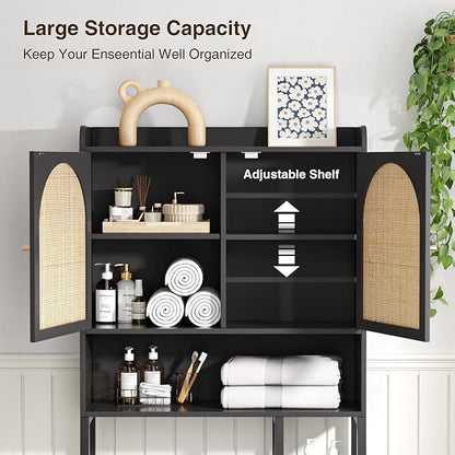 Rattan Over The Toilet Storage Cabinet with Adjustable Shelf, Bathroom Organizers and Storage with Metal Stand and Wood Rack, Tall Freestanding Shelf Space Saver, Black