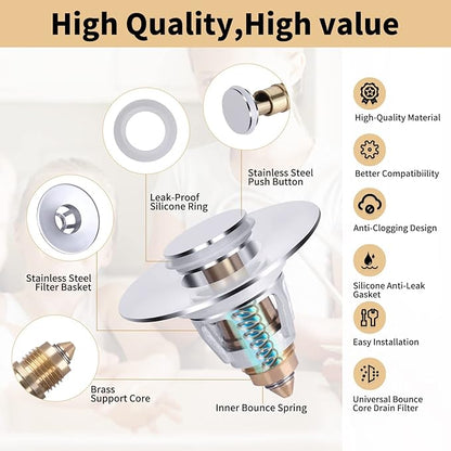 U.S. Standard Bathroom Sink Stopper 1.1"-1.5", Stainless Steel Universal Pop Up Drain Stopper for Bathroom Sink, Universal Drain Filter Drain Plug with Spring Core Push Type Converte