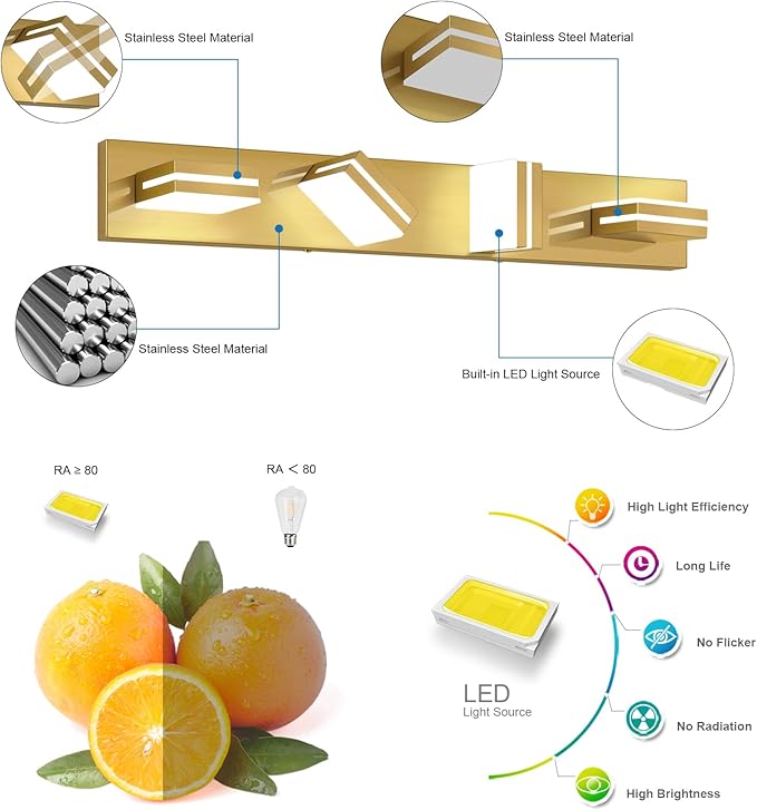 SineRise LED Modern Bathroom Vanity Light Fixtures (4-Light, 30-Inch, Dimmable),Brass Modern Acrylic Bathroom Wall Lighting Fixtures Over Mirror (Cool White 6000K)