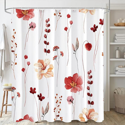 Gibelle Watercolor Floral Shower Curtain, Red Beige Flower Shower Curtain for Bathroom, Modern Minimalist Waterproof Fabric Shower Curtain Set 72x72 Inch