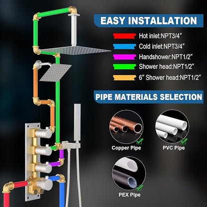 Enga Thermostatic Dual Head Shower System, 16" + 6" Dual Rainfall Shower System (Can All Run Together & Volume Adjustable) Dual Shower Head Combo Set, Brushed Nickel