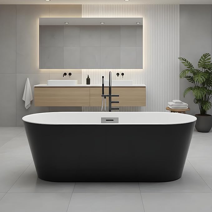 Freestanding Bathtubs 59 inch Black and White Acrylic Free Standing Soaking Tub, Modern Bathroom Remodel Luxury Soaking Tub with Integrated Overflow and Chrome Fittings