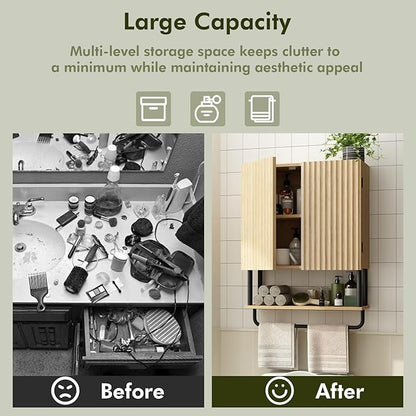 RUSTOWN Fluted Bathroom Wall Cabinet with 2 Doors, 3-Tier Modern Farmhouse Medicine Cabinet, Over The Toilet Storage Cabinet with Adjustable Shelf and Towel Bar (Natural, Medium)