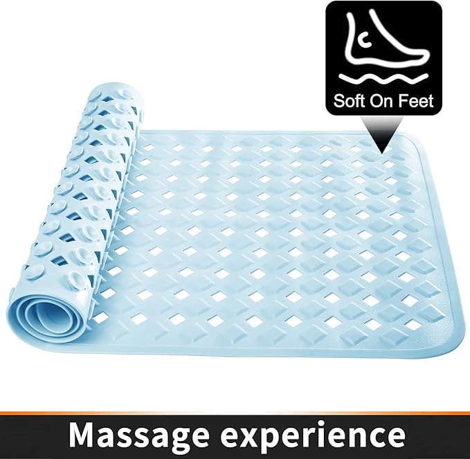 Yimobra Non Slip Bath Mat, Super Strong Suction Cups,34.5"x15.5"Long Tub Mat with Drain Holes, Machine Washable Fast Draining Shower Mats, Bathroom Essentials,Light Blue