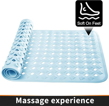 Yimobra Non Slip Bath Mat, Super Strong Suction Cups,34.5"x15.5"Long Tub Mat with Drain Holes, Machine Washable Fast Draining Shower Mats, Bathroom Essentials,Light Blue