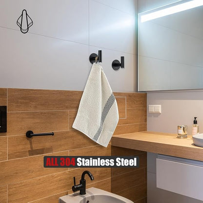 JQK Self Adhesive Towel Hook Black, No Drill Stick on Coat Robe Clothes Wall Hook for Bathroom Kitchen Garage 2 Pack, 304 Stainless Steel Matte Black, ATH110-PB-P2