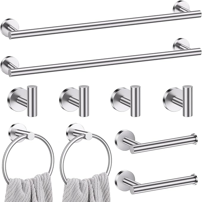 Lairuier Brushed Nickel Bathroom Hardware Set, 10-Piece Towel Bar Set SUS304 Stainless Steel Bathroom Hardware Accessories Set Round Towel Holder Set Wall Mounted