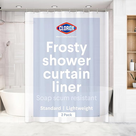 Clorox Shower Curtain Liner, Premium Lightweight Durable Waterproof 4g PEVA for Bathroom with Weighted Magnets, Standard Size 70" x 72", Frosty 2 Pack