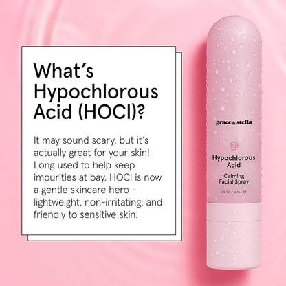 grace & stella Hypochlorous Acid Spray for Face - Acne Spray - Gentle Face Mist to Calm Redness, Flare-Ups, Breakouts, Body Acne, Bacne - Soothing Facial Mist for Sensitive Skin (120ml/4 fl oz)