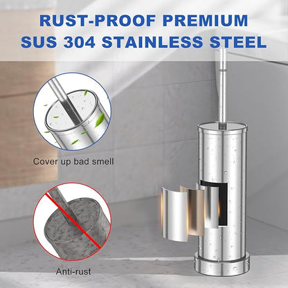 304 Stainless Steel Toilet Brush and Holder Set, Heavy Duty Toilet Bowl Brush and Holder with Removable Inner Bowl, Splash Protection, Long Handle for Bathroom