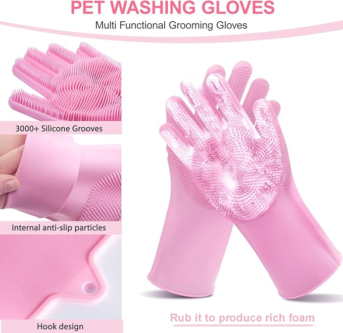 2 Piece Pink Pet Bath Supplies with Dog Washing Gloves and Dog Bath Scrubber