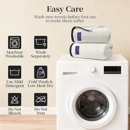 REDKISS 2 Pack 100% Cotton Bath Towels with Luxury Embellished Border Design, Oversized 27 x 54 Inches & 600 GSM Ultra Soft Bath Towel Set, Quick Dry Towels for Bathroom, Gym, Hotel, White