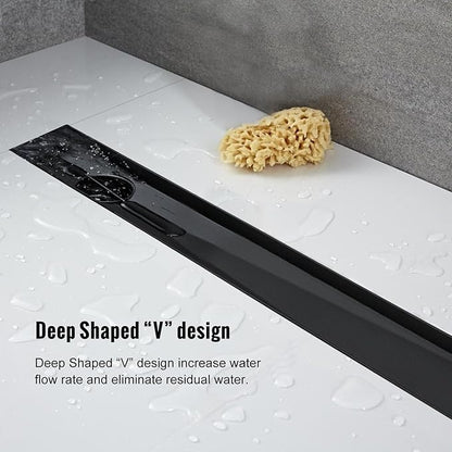 Offset Linear Shower Drain, Brushed 304 Stainless Steel Side Outlet Black Floor Drain with Hair Catcher and Adjustable Feet (48 inch)