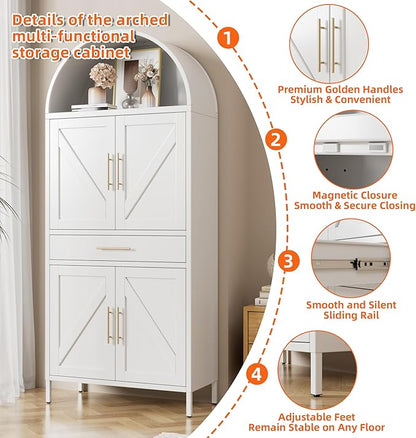 73” Kitchen Pantry Cabinet with 1 Drawer, Arched Storage Cabinet with Doors and Adjustable Shelves, Tall Freestanding Cupboard for Kitchen,Living Room, Bathroom, White