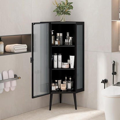 Corner Storage Cabinet with Glass Door, 31" & 43" Freestanding Triangle Floor Cabinet Modern Display Organizer Medicine Cabinets for Bathroom Living Room Bedroom (Black, 43')